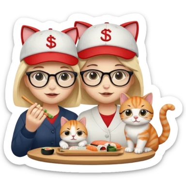 cute girl cat wearing glasses and a cute boy cat wearing a baseball cap eating sushi together sticker
