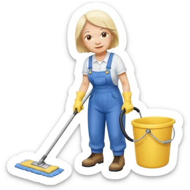 old women, Custodian with yellow rubber gloves, white T-shirt, blue overalls, mopping floor sticker