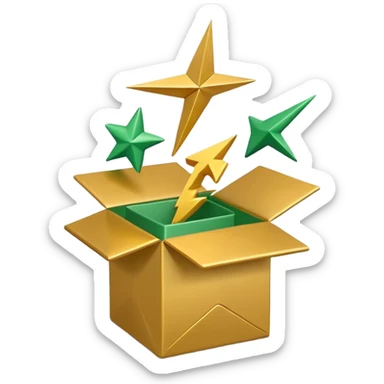 3D minimal open box with small floating icons coming out (envelope, lightning bolt, star), soft matte finish, deep green (#0B3D2C) box, gold (#C9B037) floating icons, Apple style, ultra clean and sleek, very soft ambient shadow, transparent background sticker
