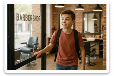 Sartaroshxonaga kirib kelayotgan! O'smirin bola sartaroshxona yangi ham eski ham emas sticker