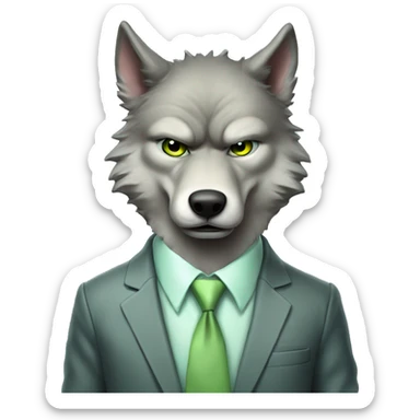 Portrait of Big Bad Angry Wolf with a human-like face wears a sleek jacket light grey and a pastel green tie like a salesman and eyes color matching the tie sticker