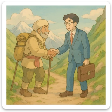ghibli style sherpa and businessperson collaborating on a mountain path with soft colors sticker