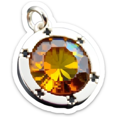extreme close up of a round cut holographic amber charm with silver metal accent sticker