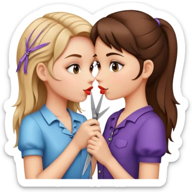 Two girls kissing and holding scissors  sticker