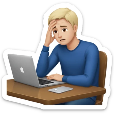 man sitting at table, laptop, tired, dramatic gesture sticker