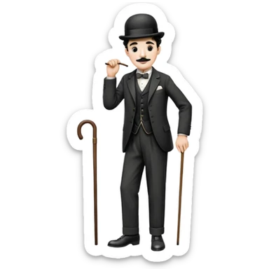 Charlie Chaplin with bowler hat, small mustache, suit, cane, and classic pose sticker