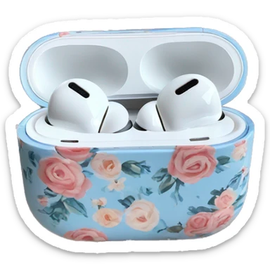 AirPods Pro in floral case with white and pastel blue roses pattern on the case sticker
