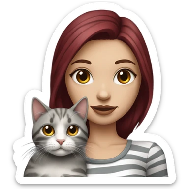 Beautiful burgundy haired tattooed woman holding gray and white striped long hair cat sticker