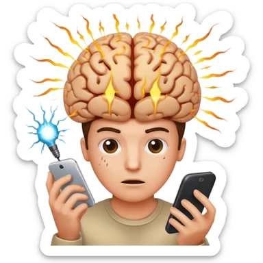 person staring at a cell phone with brain being fried sticker