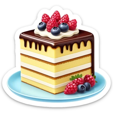 Cinematic luxurious slice of cake, delicate layers of moist sponge and rich frosting, beautifully decorated with fresh berries and a glossy glaze, soft glowing light, elegant and indulgent. sticker