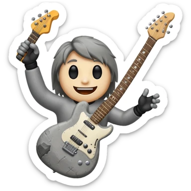 a rock with a happy face that is holding up a rock and roll hand and an electric guitar sticker