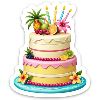 Realistic, colorful pink margaritaville-themed vanilla birthday cake, elaborate, layered, with tropical flowers and fruits  sticker