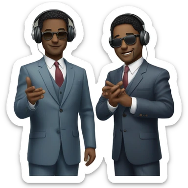 Two well-dressed individuals in suits human bodies with cat faces and hands. Wearing headphones for a podcast. Happy faces.  Almost the look of New Jack City clean, from back in the 90’s getting money. 
 sticker