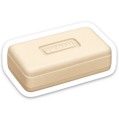 solid rectangular bar of soap with slightly rounded edges, matte chalky surface in pale beige or off-white tones, dense and firm texture, subtle ridges or embossed mark on top, no packaging, no bubbles, no cloth, soft lighting, subtle shadows, emoji scale sticker