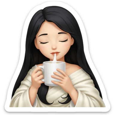 black hair girl long hair inside a white milky satin blanket sipping coffee in white mug eyes closed without coffee in mouth  sticker
