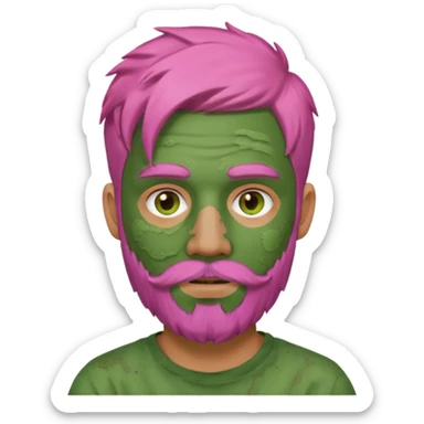 pink haired man with full full face dirty messy green clay mask and beard sticker