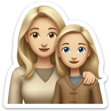 mother and daughter of Slavic appearance blue eyes in leather beige sweaters hugging sticker