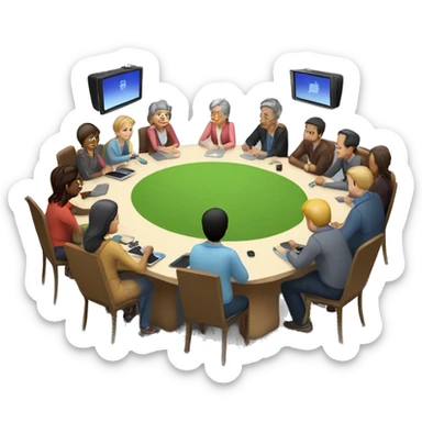 Camera club meeting with people sitting at long table with a digital screen at one end. sticker