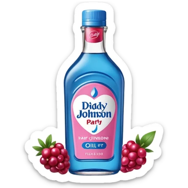 bottle of oil blue top pink outside with logo that says Diddy Party oil Johnson and Johnson  brand with a smiling berry on top sticker