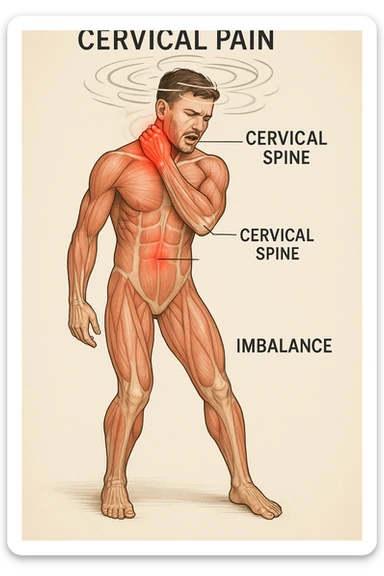 Uomo con dolore per infortunio vista anatomica in piedi con dolori cervicali vertigini e sbandamenti sticker