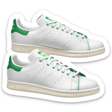 Pair of Adidas Stan Smith sneakers in white and green colorway, one positioned behind the other, both shoes shown from side angle sticker