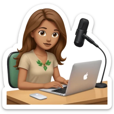 tanned brown long hair woman, sat at desk with MacBook, podcast microphone bleige top and vine color, sexy, glass table sticker