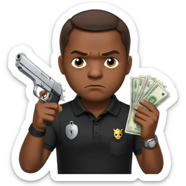 franklin saint from snowfall perhaps holding money and gun but he is mad and with a black polo shirt sticker