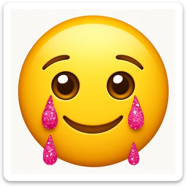 Make the tears pink glittery and the lips smile on a classic round yellow face emoji. The face should not be a woman face, but a classic emoji face. sticker