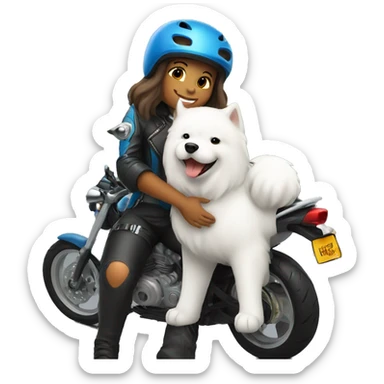 Biker girl with helmet hugging a Samoyed  sticker