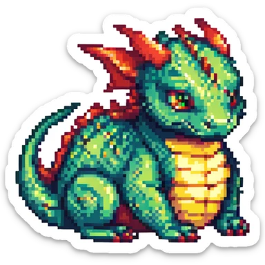 pixel art dragon, curled up, chibi proportions, bright palette sticker