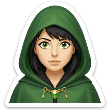 claudia winkleman as a traitor with a green hooded cloak with a gold clasp and dark black eyeliner sticker