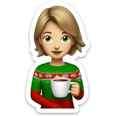 Light brown short haired girl with green eyes drinking coffee wearing red Christmas sweater sticker