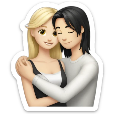 blond white girl hug white boy with black hair and white and grey cat an sticker