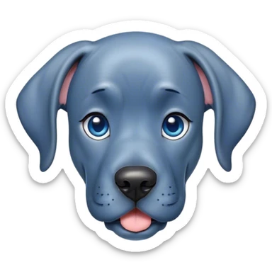 Cinematic Cute Blue Great Dane Portrait Emoji, Head tilted playfully and inquisitively, featuring a glossy blue Fur with a refined sheen, round, sparkling steel-blue eyes filled with curiosity, Simplified yet irresistibly adorable features, highly detailed, glowing with a warm, friendly glow, high shine, affectionate and gentle, stylized with a touch of whimsy, bright and endearing, soft glowing outline, capturing the essence of a mischievous yet loving pup, so playful it feels like it could lumber out of the screen and into your arms! sticker
