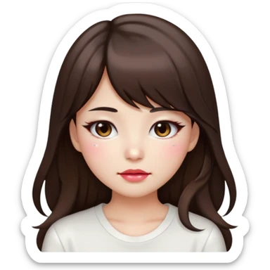 “japanese style Emoji brunette girl long hair with side bangs white top, dewy skin, heavy blush across cheeks and nose bridge, glossy cherry lips, soft eyeliner, teary sparkling eyes sticker