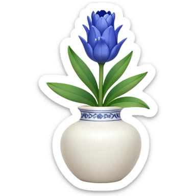 A small white vase holding a single blue hyacinth flower with green leaves. sticker