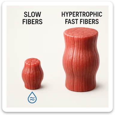 hyper realistic image showing visual comparison between saturated slow fibers and hypertrophic fast fibers, slow fibers appear compact and minimally grown, saturation symbols, educational atmosphere, white background sticker