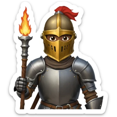 knight holding a short wooden torch in hand wearing darker, realistic iron armor, and a closed slitted helmet in dark souls style sticker