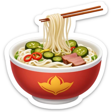 Guilin rice noodles with pickles and meat topping, simplified emoji style with bold outlines and bright colors, cartoon style rice noodle bowl sticker