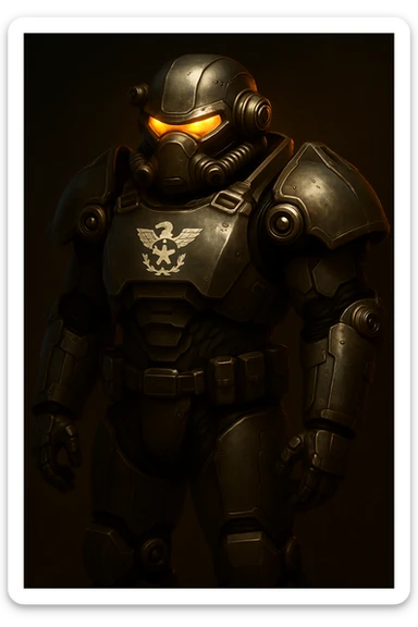 Add the Enclave logo prominently on the chest of the X-01 power armor. Maintain the detailed, futuristic, metallic look with dramatic lighting emphasizing the armor's contours and the logo's presence. sticker