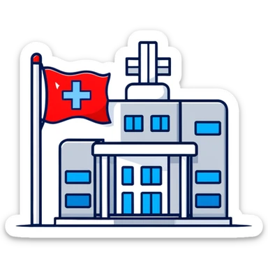 Modern hospital with Thai flag prominently displayed, medical symbol, flag with red white blue stripes sticker