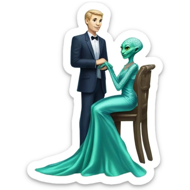 alien reptilian green skin woman, in long slim pastel blue formal party satin dress with gradient shiny sparkling navy blue diamonds embroidered , and caucasian man in black dres on his knees asks her to marry her sticker