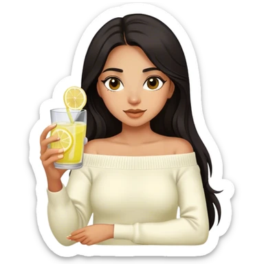 Latina girl with dark long hair and dark eyes and olive skin wearing white off shoulder sweater with lemonade in glass with lemon in hand sticker