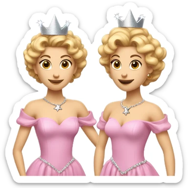 A white skinned woman with golden-blonde curls in an updo. Wearing a pink ball gown with puffy shoulders, a silver crown, and holding a star wand. Radiates charm and magic. sticker