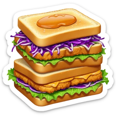 Burning hot, spicy,  stacked chicken sandwich — two thick golden toast slices, a crispy breaded chicken fillet, green lettuce, and purple cabbage slaw, with glossy dark sauce dripping down the sides. sticker