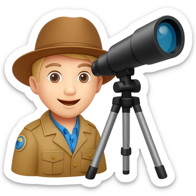 Make the telescope much bigger, keep the explorer happy, in emoji style with no background. sticker