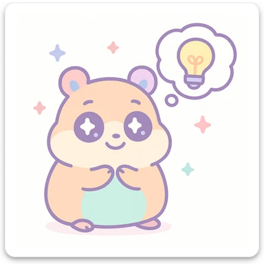 cartoon hamster with a thought bubble and a lightbulb, looking inspired, kawaii illustration sticker
