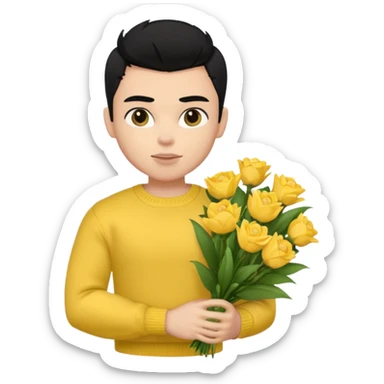 a pretty bratz guy carrying a bouquet and a yellow sweater. Muscled. black hair sticker