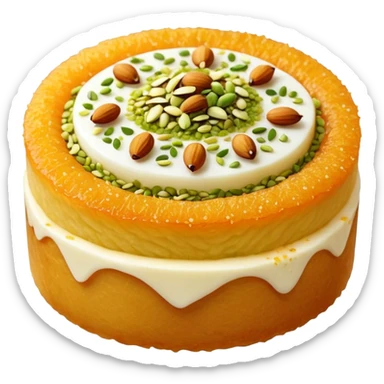 A small round emoji of traditional kanafeh with golden-orange crispy threads, a gooey white cheese center, and a light sprinkle of green pistachios. Warm and delicious-looking. sticker