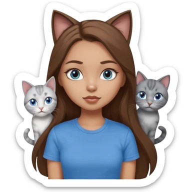 a pretty bratz dusky light skin girl with long brown hair, blue eyes with six cats nd wearing a grey tshirt sticker